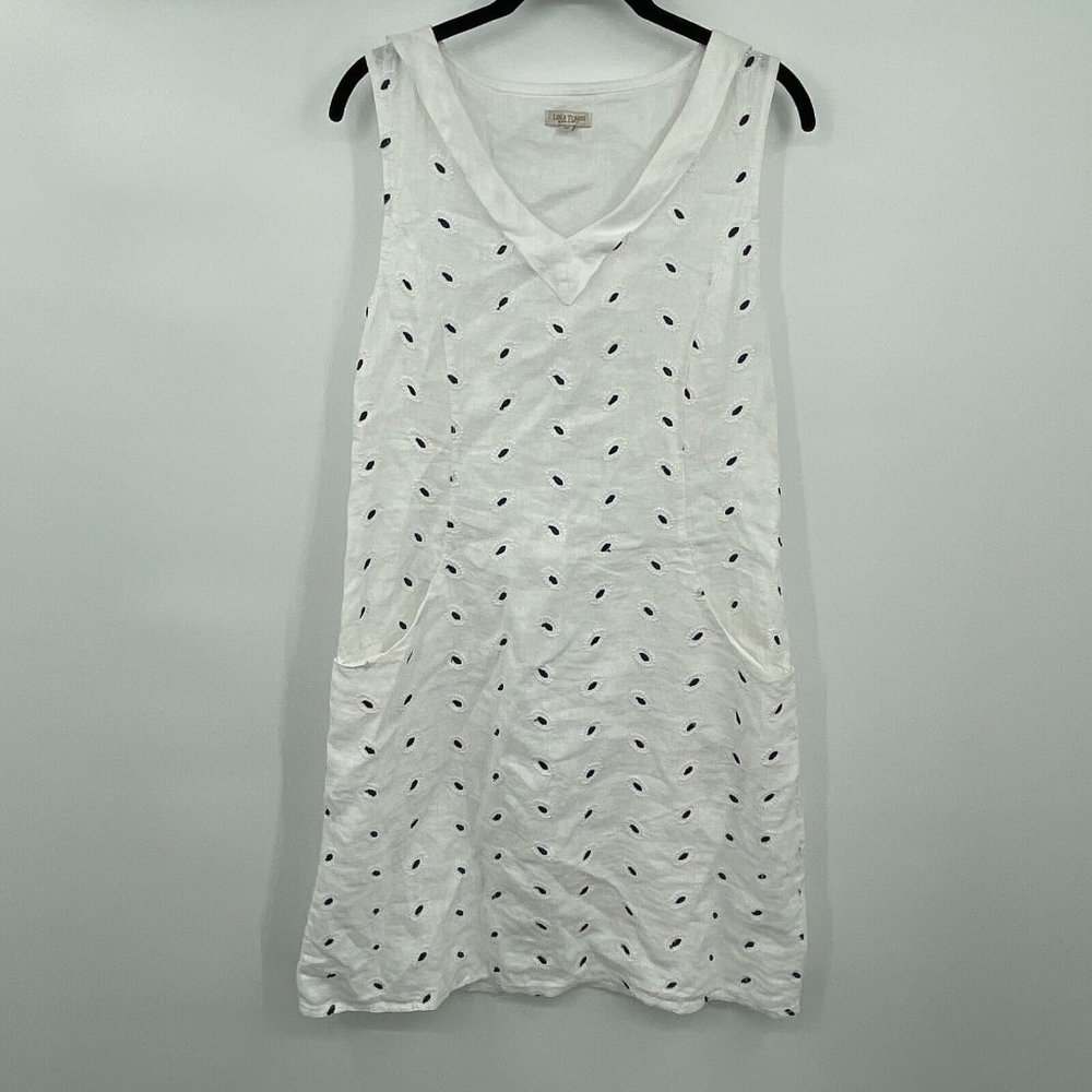 Lina Tomei Womens Dress Medium White Linen Sleeveless Casual Pockets Italy Beach